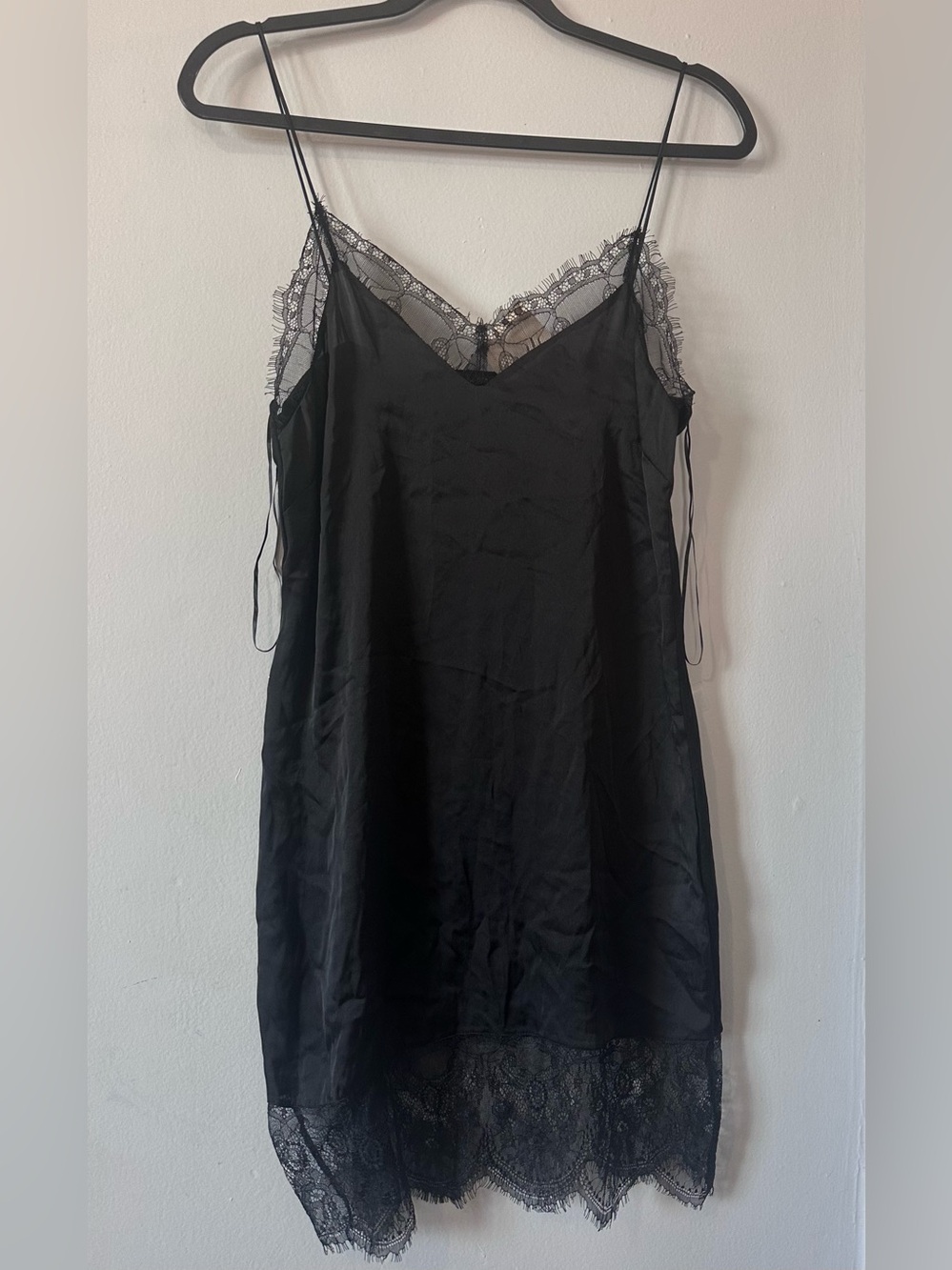 Zara Black Lace-Trim Satin Slip Dress